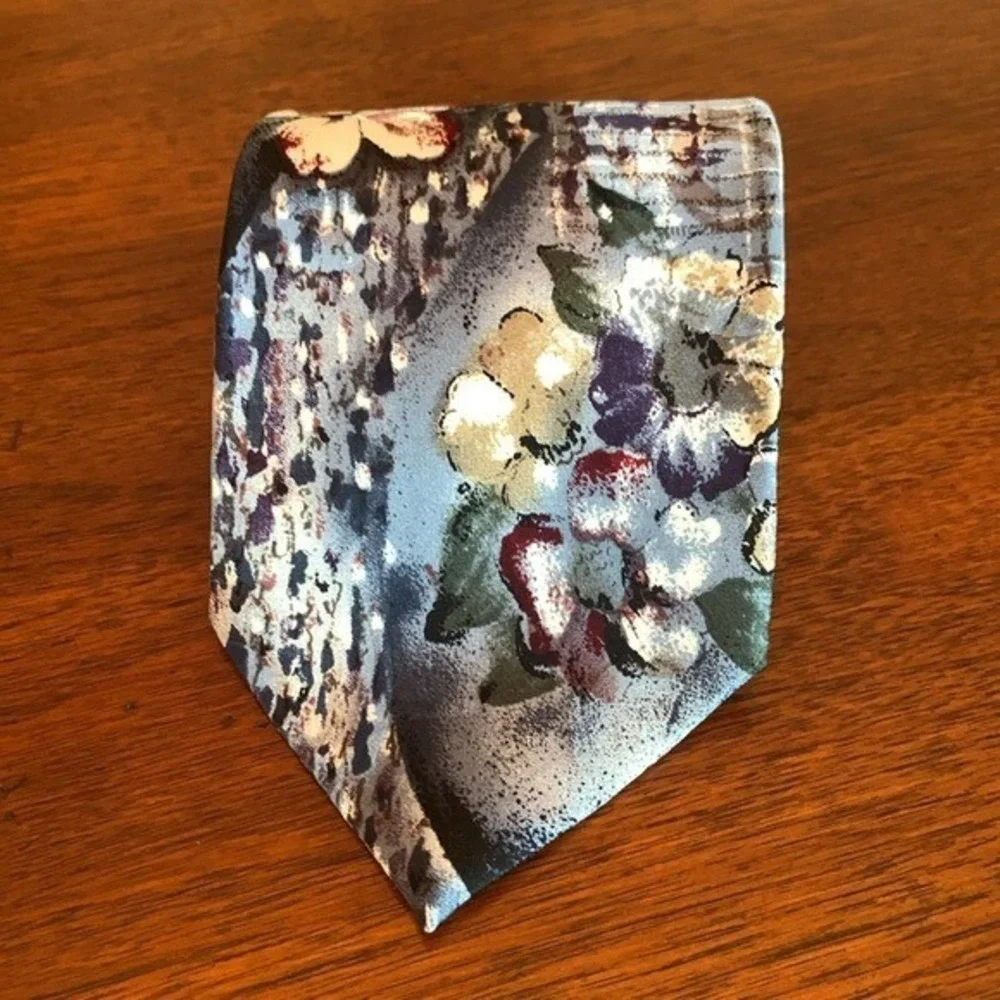 Elegant Floral Print Silk Tie in Blue & Gray W/ Watercolor Cherry Blossom Design